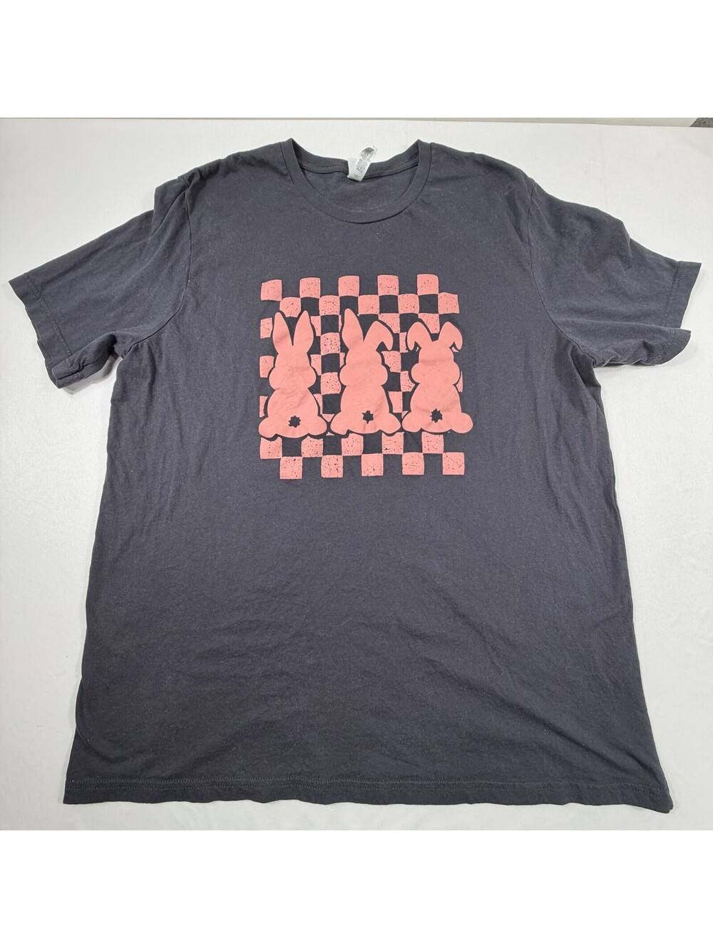 Bella+Canvas 3XL Black T-Shirt with Pink Bunny and Checkerboard Graphic